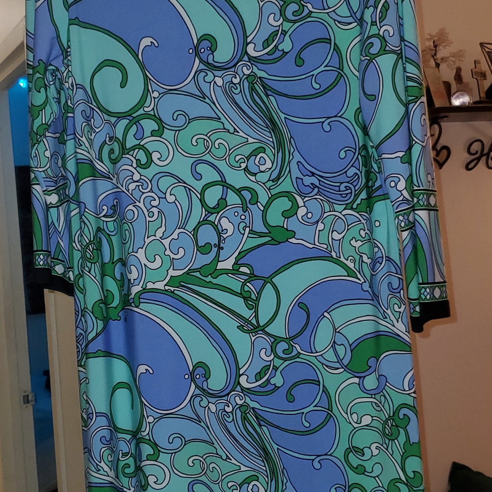 London Times Blue and Green Sheath Dress 3/4 Sleeve
